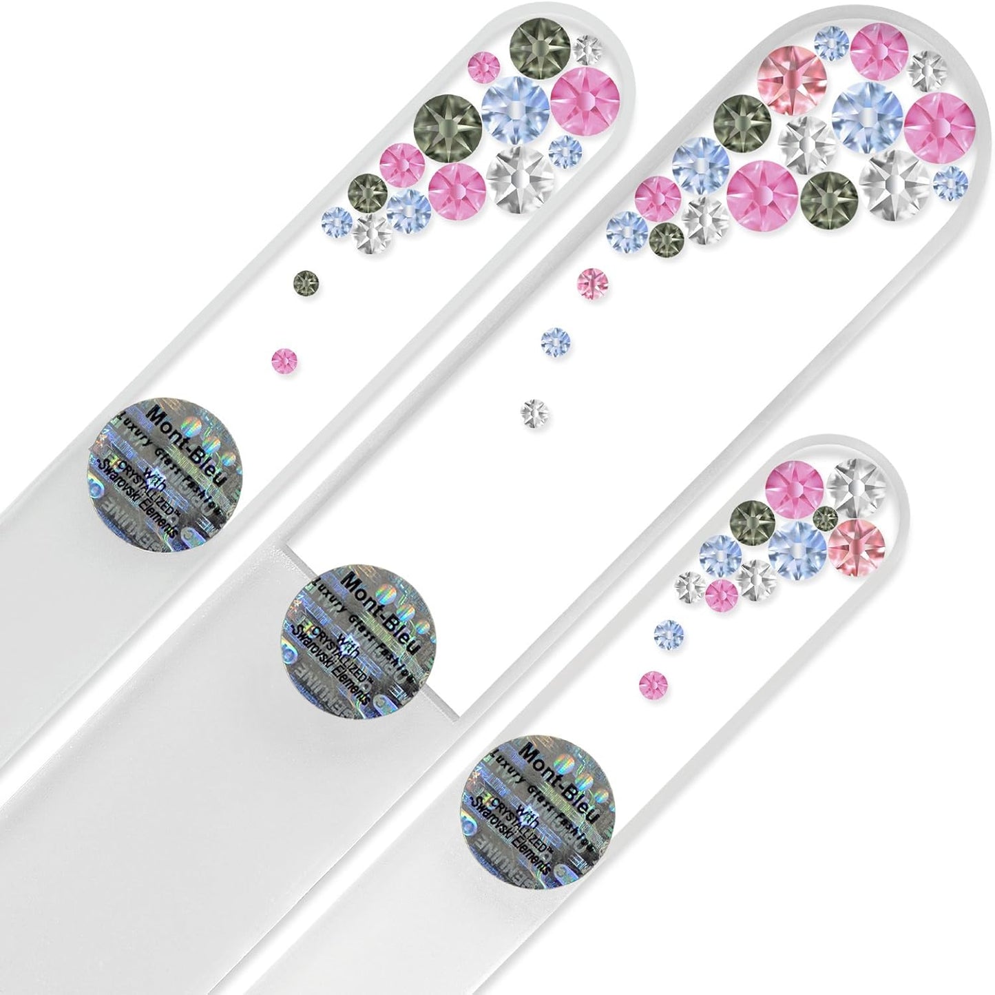 Mont Bleu Set of 3 Glass Nail Files Hand Decorated with crystals - in Black Velvet Sleeve - Genuine Czech Tempered Glass - Handmade Crystal Nail Files