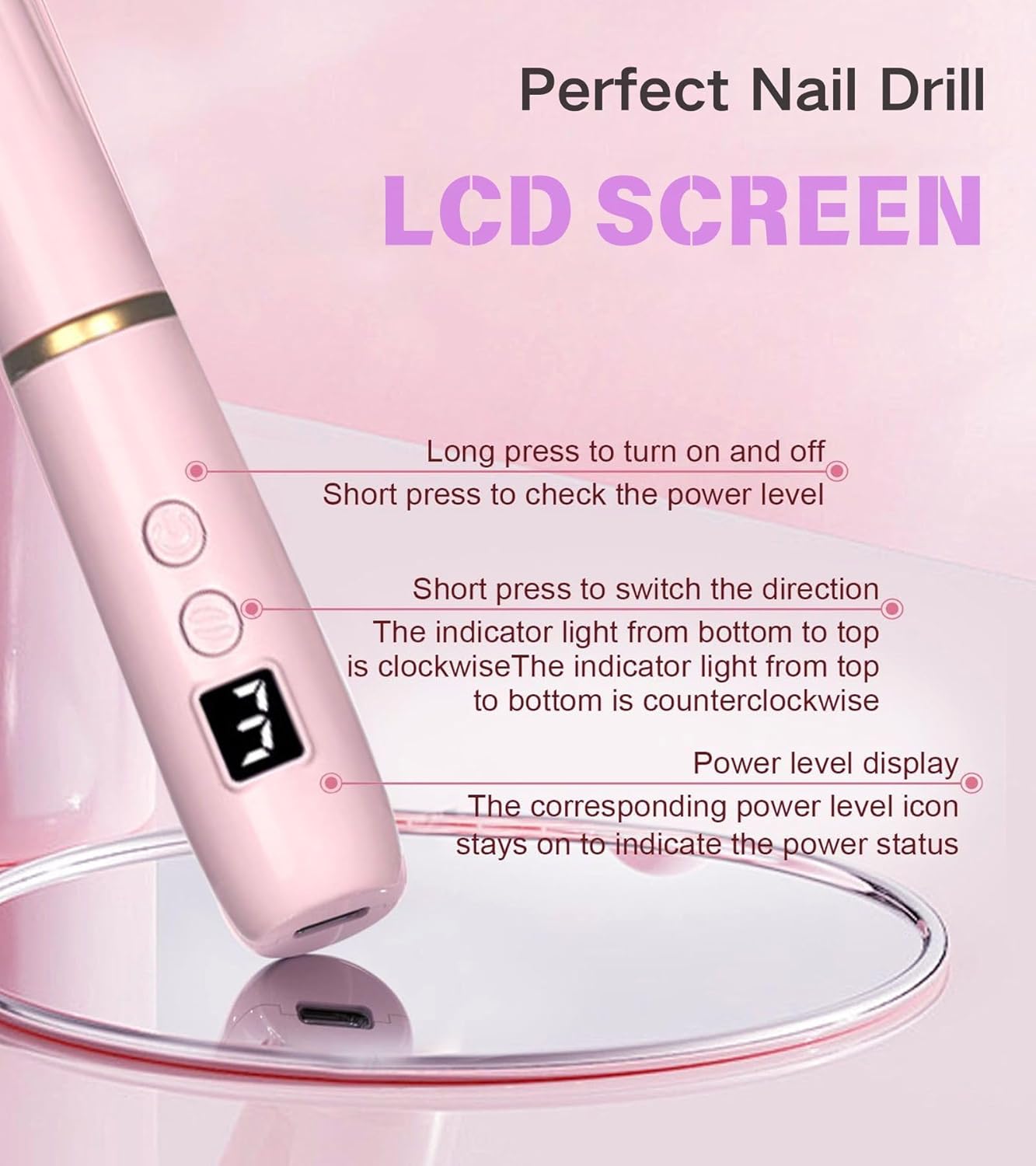 Electric Nail Drill Machine File Efile Set for Acrylic Gel Nails Portable Nail Drill Machine Kit Rechargeable Pedicure Tools for Hand Feet Manicure Pedicure Tools Polishing Set (Pink)