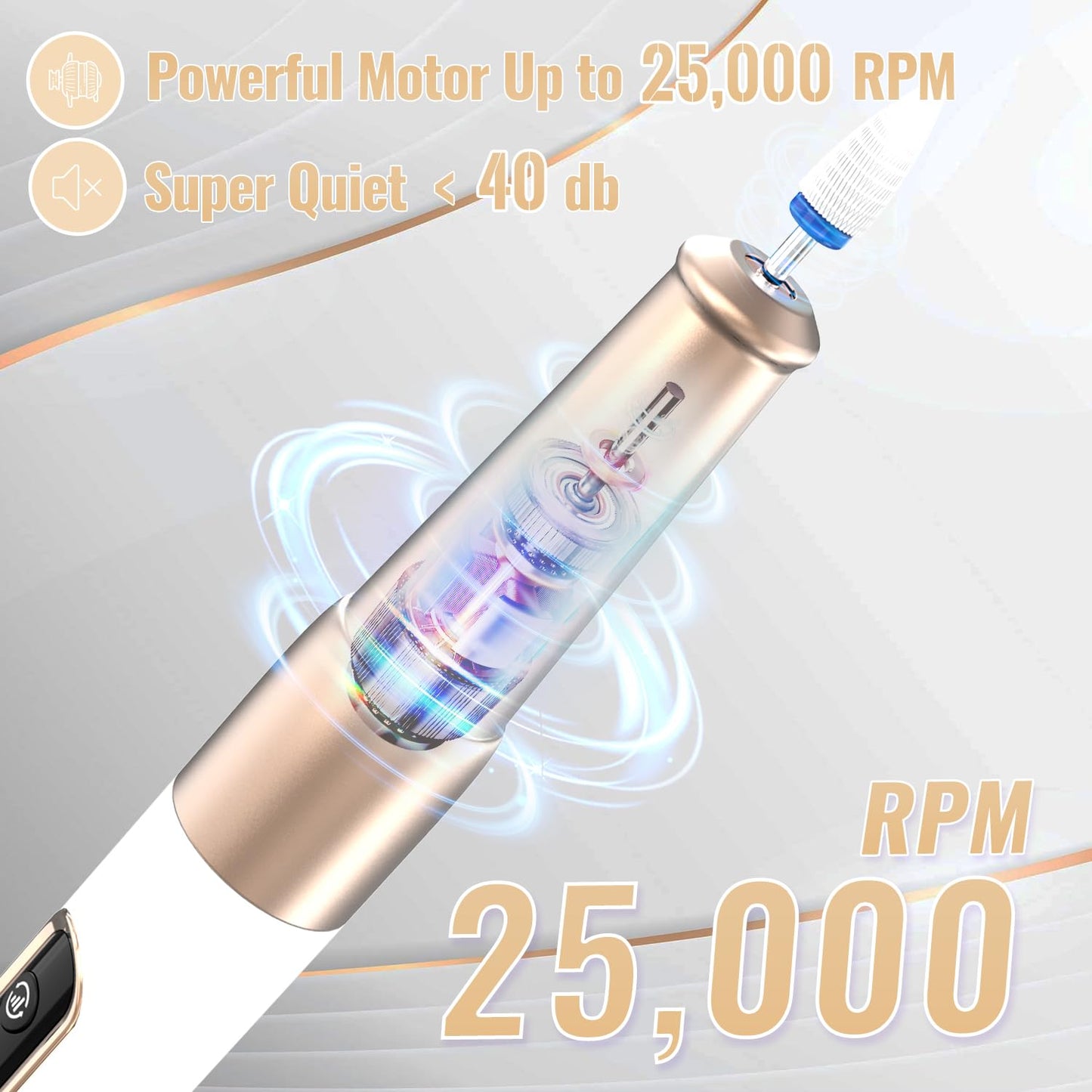 Nail Drill Cordless, Electric Nail File 12 in 1 with LED Display, Nail Drill Machine Professional Portable Rechargeable E File for Gel Acrylic Manicure Pedicure Set with 5 Speeds Golden