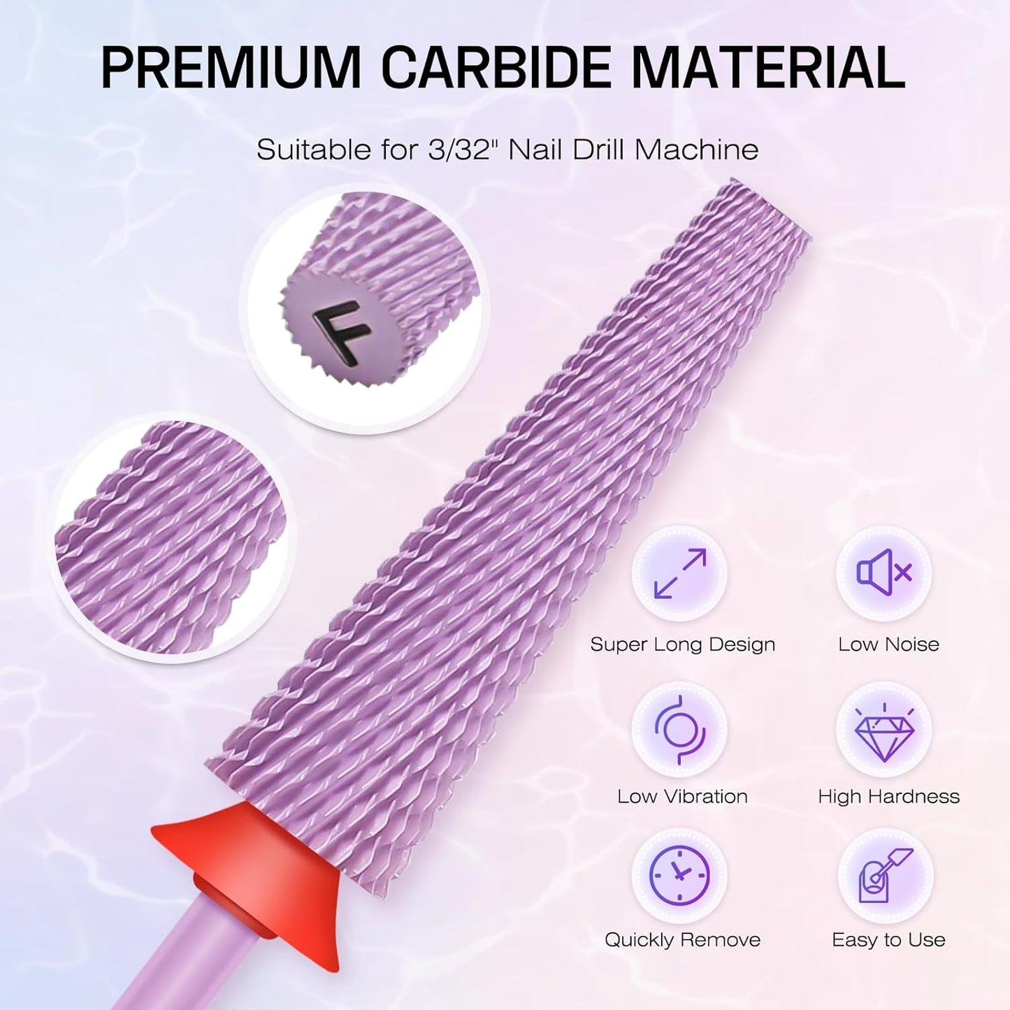 Depvko Super Long 5 in 1 Nail Drill Bits,Carbide Nail Drill Bit,3/32" Two Way Rotate Professional Drill Bit Nails,Nail Bits Fast Remove Acrylic or Gel for Manicure,Pedicure,Nail Art (Fine-F, Purple)