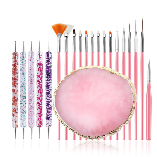 21Pcs Nail Art Brushes Set - 1 Resin Nail Art Palette, 5 Nail Art Dotting Pens, 15 Nail Art Brushes, Nail Polish Mixing Palette Double-Ended Dotting Pen Nail Liner Brush Nail Drawing Brushes