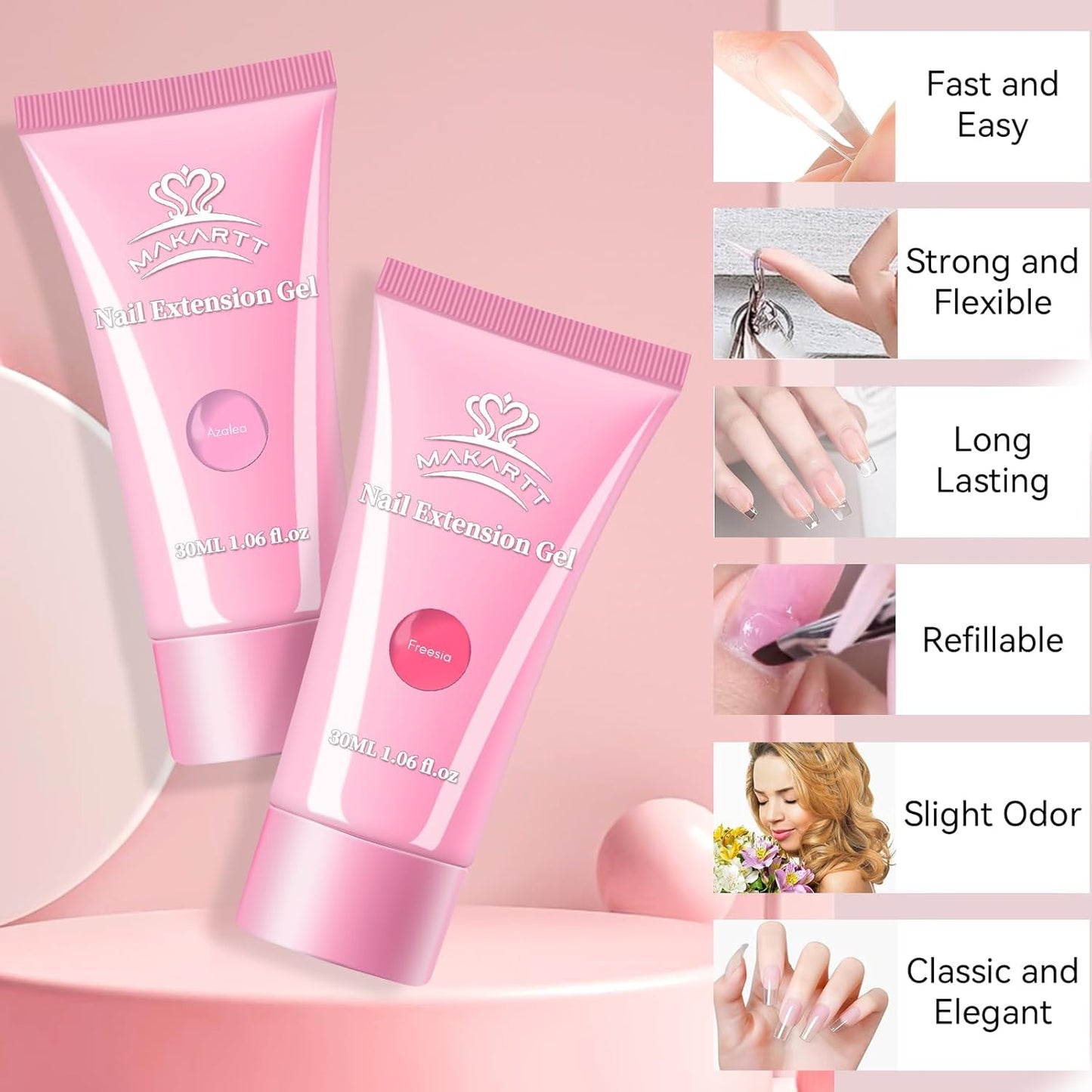 Makartt Poly Nail Gel Set: Sheer & Neon Pink Colors, Strong Builder for Extension Overlay Strengthener 3D Diy, Long-lasting for Nails French Manicures Home Salon-2PCs 30ML