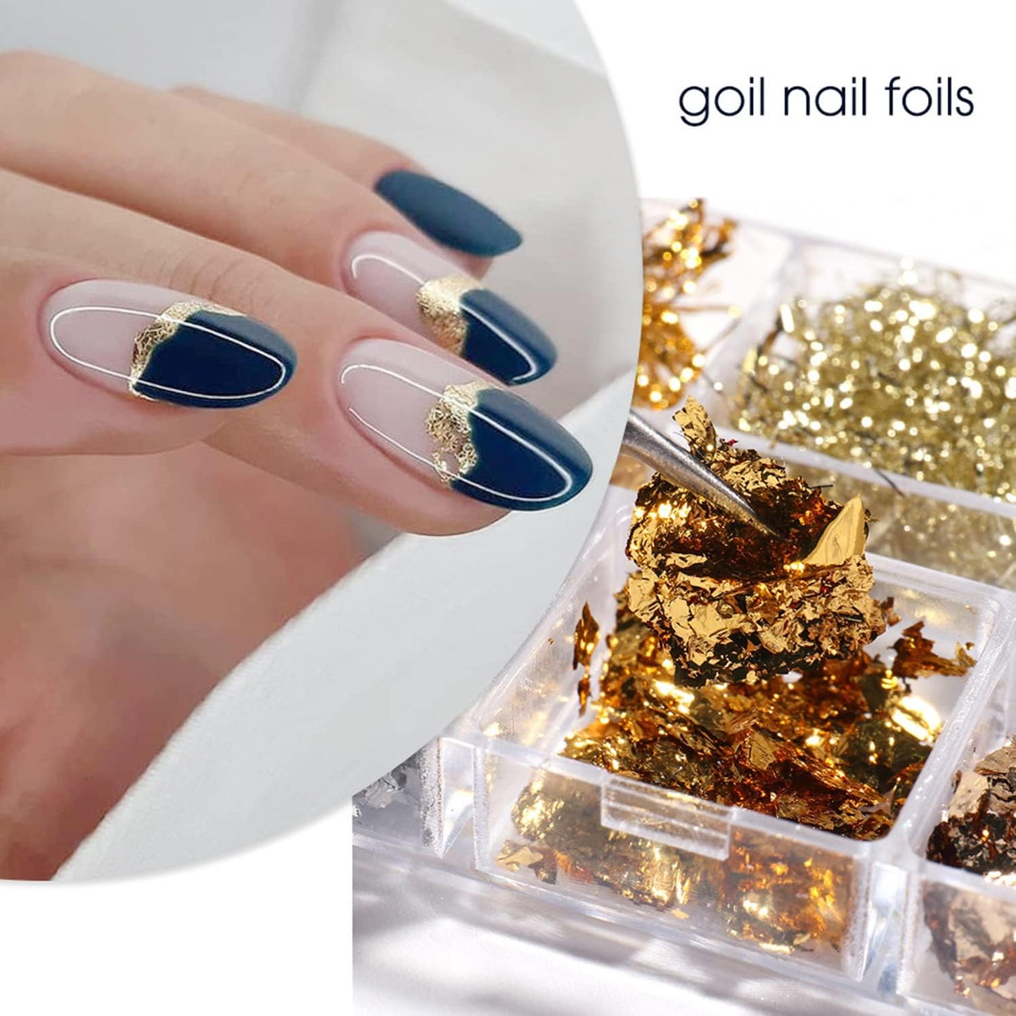 Nail Art Foil Glitter Flakes, Holographic Ultra-Thin Aluminum Foil Sequins Design, Metallic 3D Sparkly Nail Foils Acrylic Supplies for Women Girls Manicure Shiny Decorations, Gold Foil Nail Art Tips