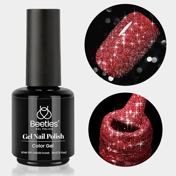 Beetles Red Gel Nail Polish - 15ml Sparkly Glitter Diamond Red Gel Polish for Girls & Women - Soak Off, UV Nail Lamp Included Christmas Gift for Women
