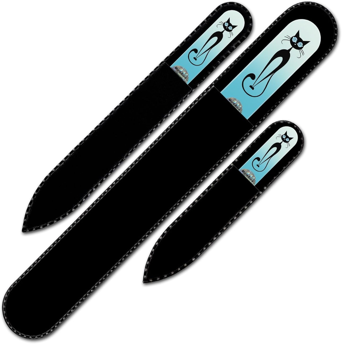 Mont Bleu Set of 3 Cats Crystal Nail Files hand decorated with crystals from Swarovski - Handmade - Czech Tempered Glass - Lifetime Guaranty - Nail Care Gift Set - Czech Glass Nail Files Set