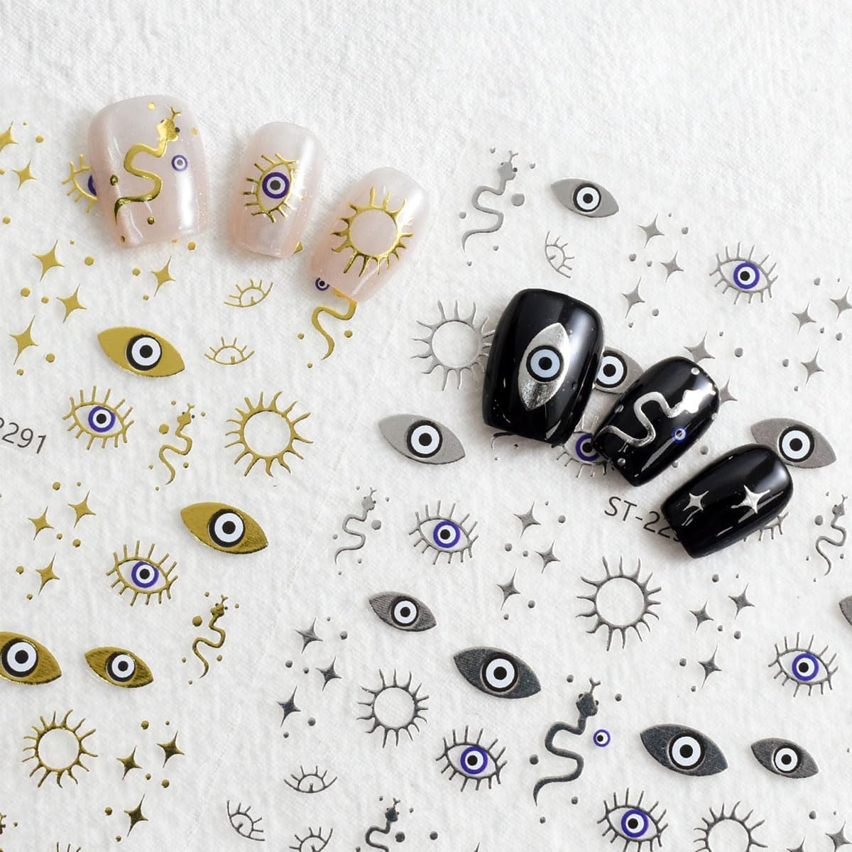 Evil Eye Nail Art Stickers 6Sheets Gothic Snake Star Sun Nail Stickers Gold Silver Blue Eye Nails Design 3D Self Adhesive Nail Art Supplies Halloween Nails Decals for Women DIY Manicure Decoration