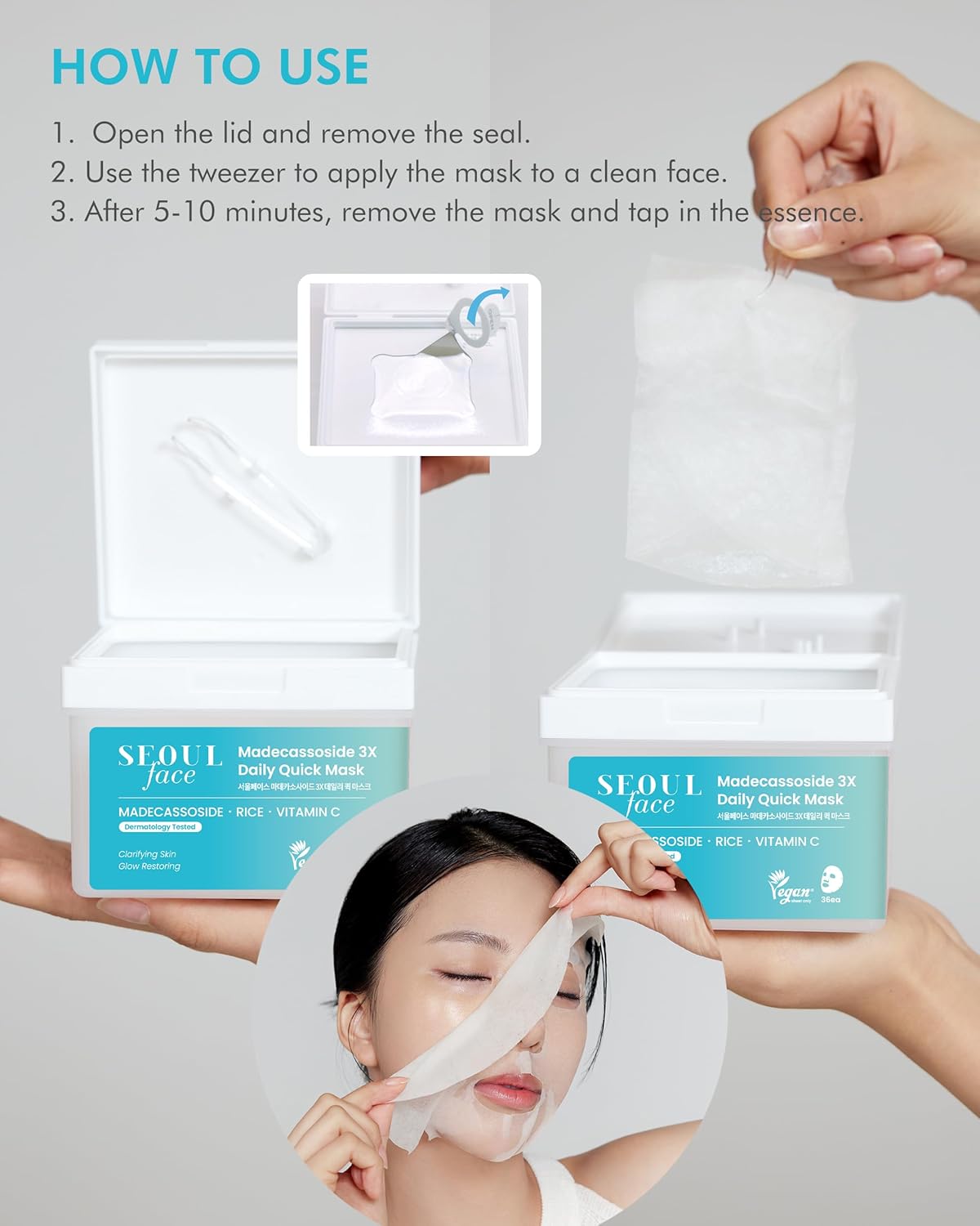 DERMAL Seoul Face Madecassoside 3X Daily Quick Mask 36 Sheet – Korean Skincare Vegan Tencel Facial Masks - Improving Dark Spots, Soften Skin Mask Sheets with Rice, Vitamin C, Panthenol