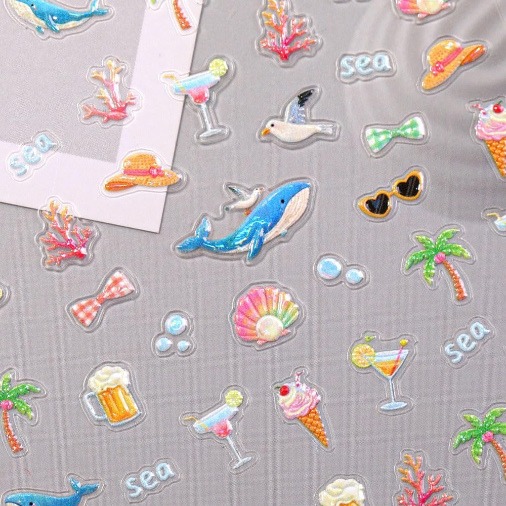 Summer Beach Theme 3D Nail Art Stickers, 2 Sheets, Self-Adhesive Embossed Ocean Designs with Fish, Coral, Seaweed, Palm Trees for Nail Decoration, Vacation Manicure