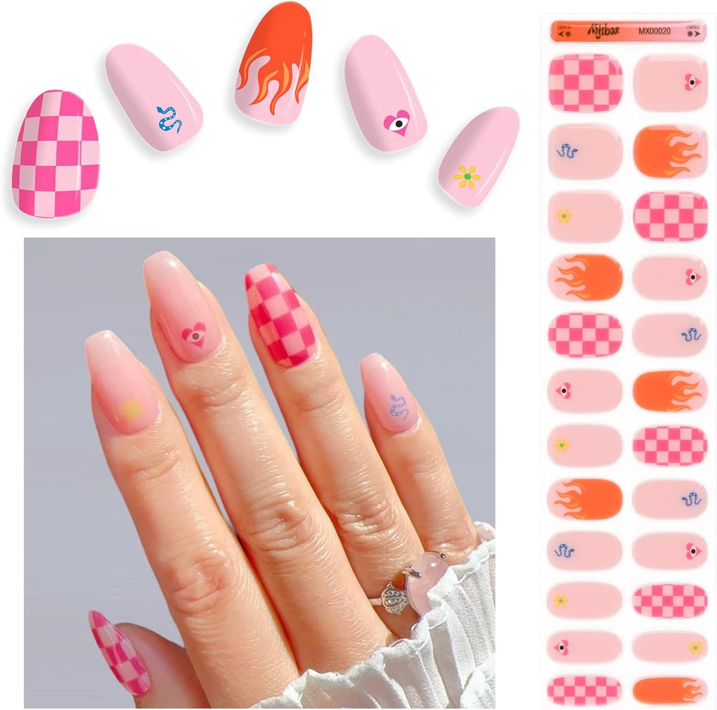Semi Cured Gel Nail Strips - Trendy Nail Polish Wraps Works with Any UV Lamp - Long Lasting Easy Salon Manicure - 24pcs with 2 Prep Pads, Nail File & Cuticle Stick (Wild Card)