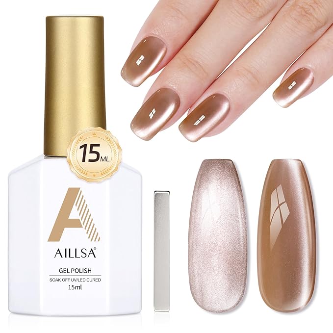 AILLSA Glass Cat Eye Gel Nail Polish, 15ml Brown Glitter Jelly Sheer Gel Polish, Translucent Magnetic Shimmer Sparkle Nail Art U V Salon 0.5 OZ GF33