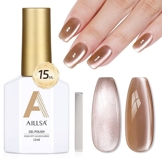 AILLSA Glass Cat Eye Gel Nail Polish, 15ml Brown Glitter Jelly Sheer Gel Polish, Translucent Magnetic Shimmer Sparkle Nail Art U V Salon 0.5 OZ GF33