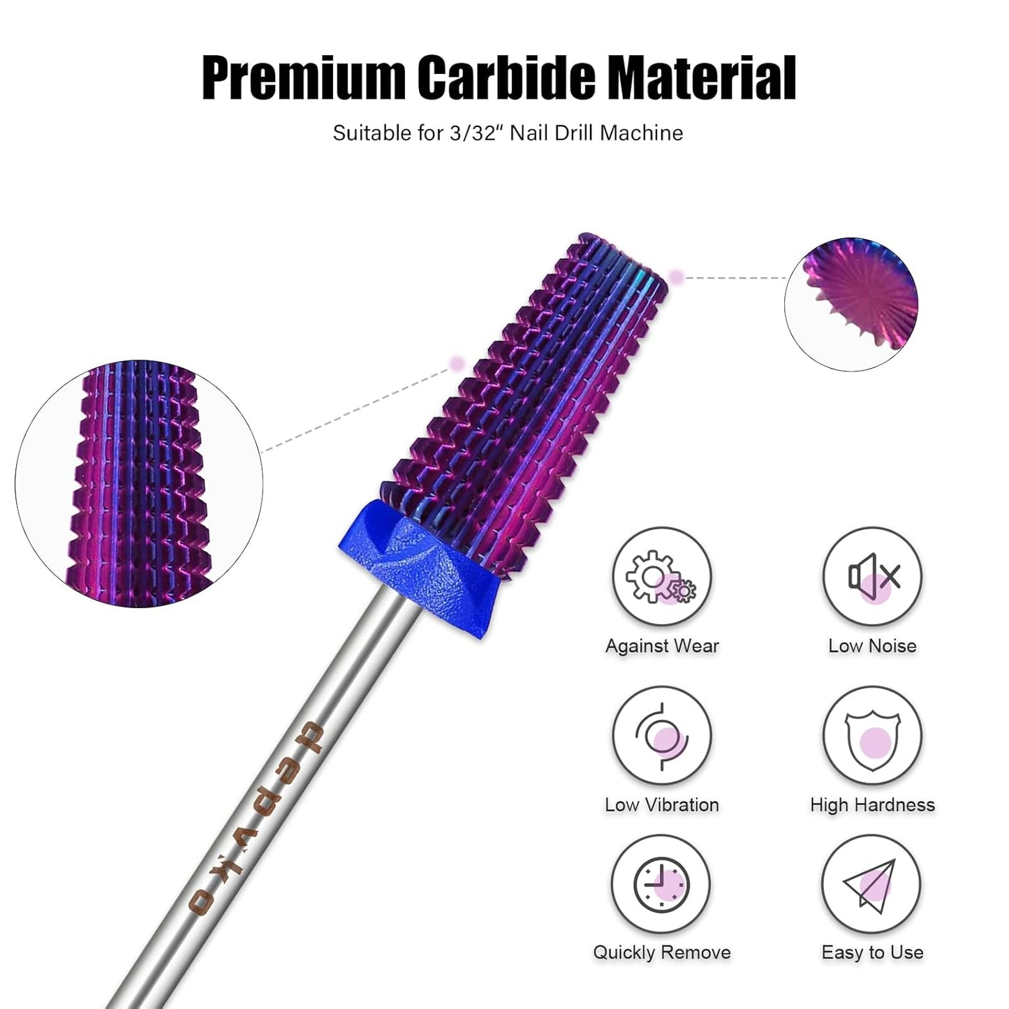 Depvko Super Long 5 in 1 Nail Drill Bits, 3/32'' Carbide Tungsten Bits, Two Way Rotate Professional Advanced Safety Bits for Nail, Fast Remove for Manicure Pedicure (Classic 5in1-Purple, Medium-M)