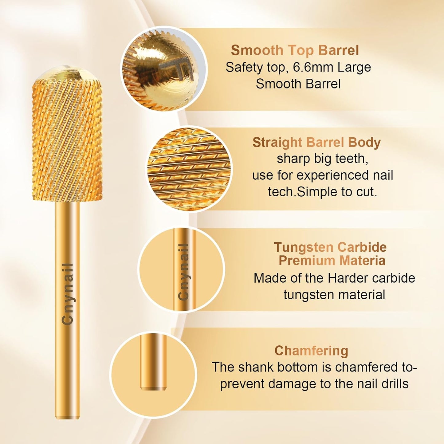 3/32" Large Barrel Smooth Round Top Tungsten Carbide Nail Drill Bit Safety Bit for Gel & Acrylic Removal, 2-Way Rotating Efile Tip, Salon Electric File Accessory (F Grit, Gold)
