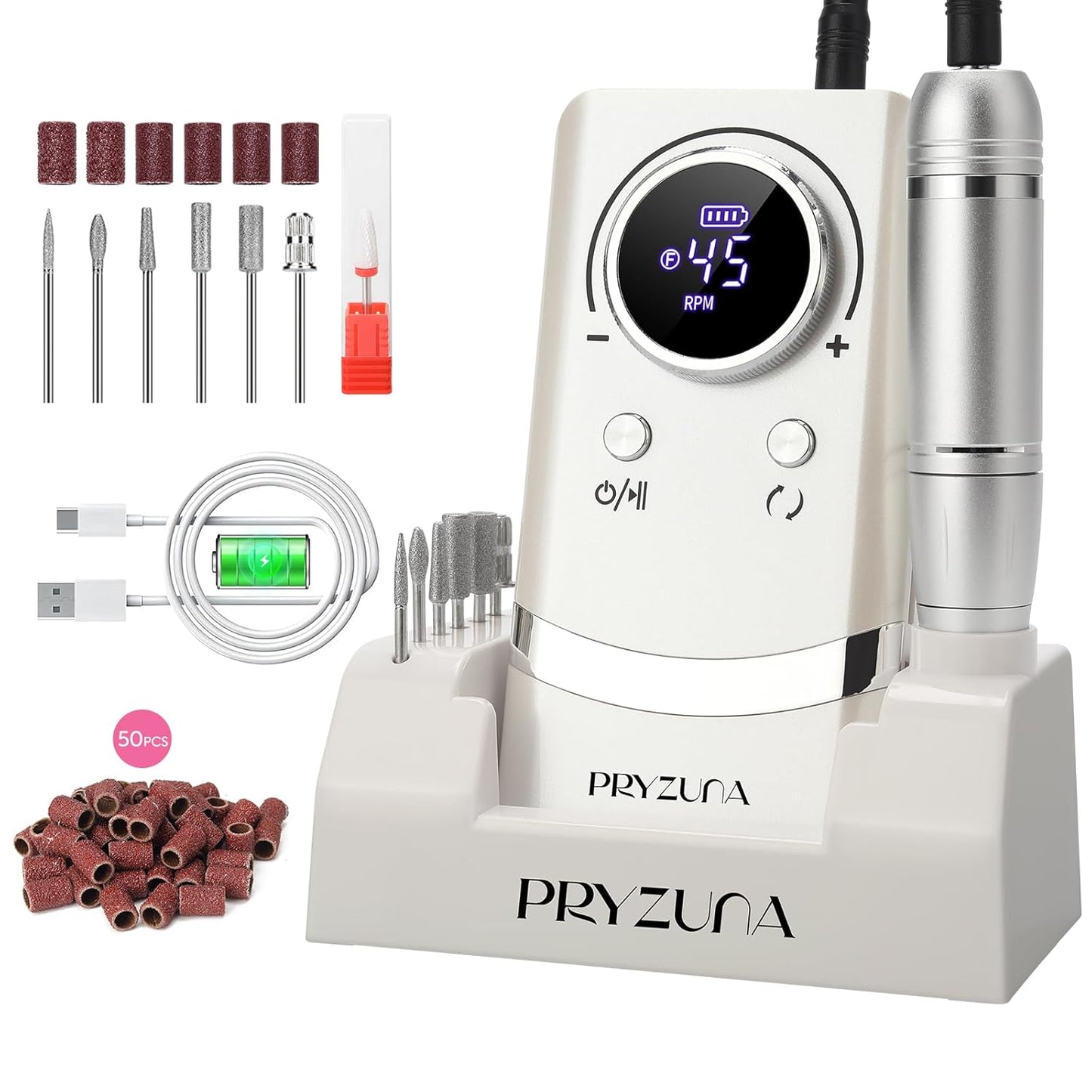 Professional Electric Nail Drill File 45000RPM, Cordless Nail E-File Machine with 7 Drill Bits, 56 Sanding Bands & Base, Portable Rechargeable Nail Drills for Acrylic Nails Gel Polishing (White)