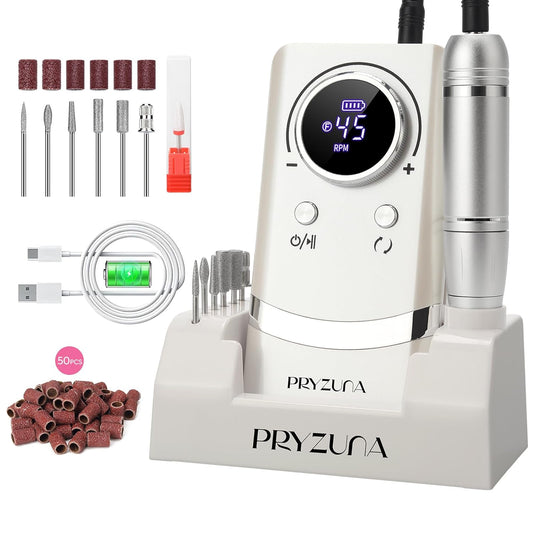 Professional Electric Nail Drill File 45000RPM, Cordless Nail E-File Machine with 7 Drill Bits, 56 Sanding Bands & Base, Portable Rechargeable Nail Drills for Acrylic Nails Gel Polishing (White)
