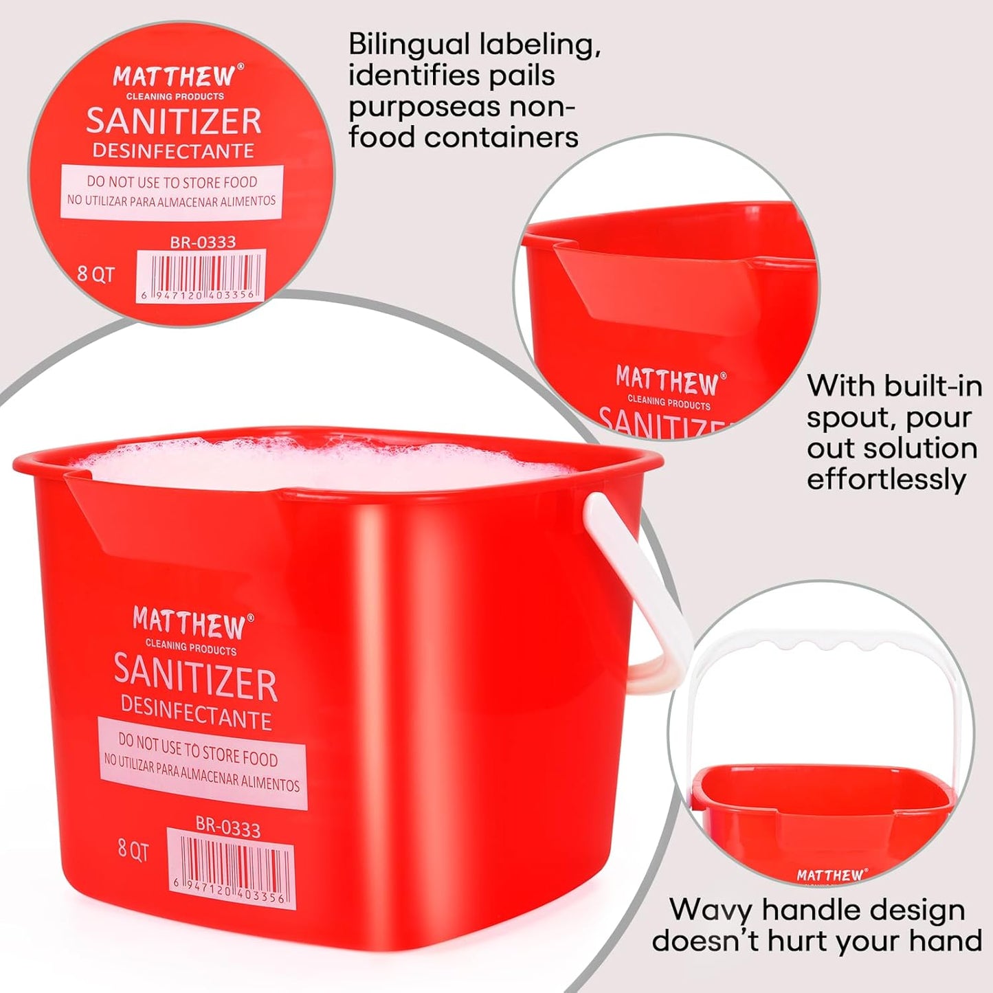 Matthew Red&Green&Blue Detergent and Sanitizing Cleaning Bucket 8 Quart Cleaning Pail,Set of 3 Square Containers,Built-In Spout w/Handle,Wash Rinse Sanitize Handwash Bucket,Incl.3Pcs Microfiber Cloths