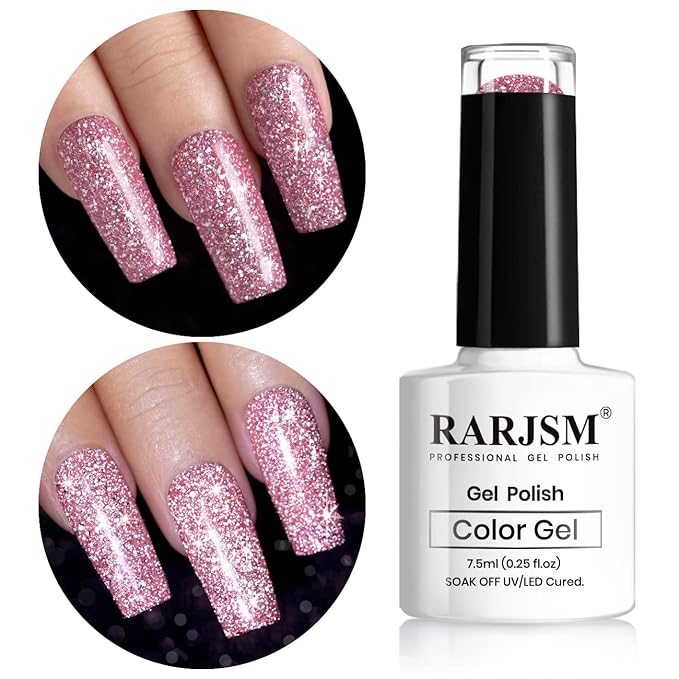 RARJSM Glitter Gel Polish Light Pink Reflective Holographic Gel Nail Polish 7.5ML 1Pcs Iridescent Shimmer L E D U V Soak Off Shining Sparkle Diamond Gel Polish Nail Art Manicure Salon DIY at Home