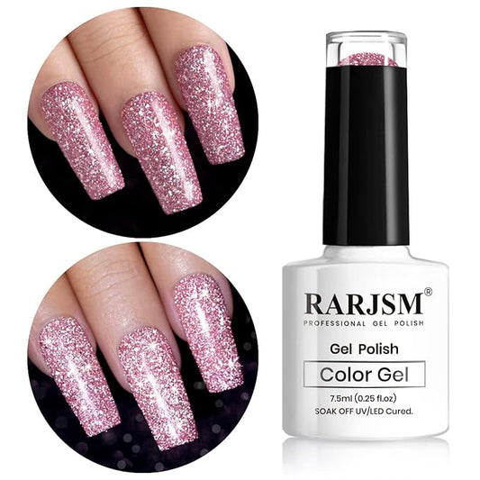 RARJSM Glitter Gel Polish Light Pink Reflective Holographic Gel Nail Polish 7.5ML 1Pcs Iridescent Shimmer L E D U V Soak Off Shining Sparkle Diamond Gel Polish Nail Art Manicure Salon DIY at Home