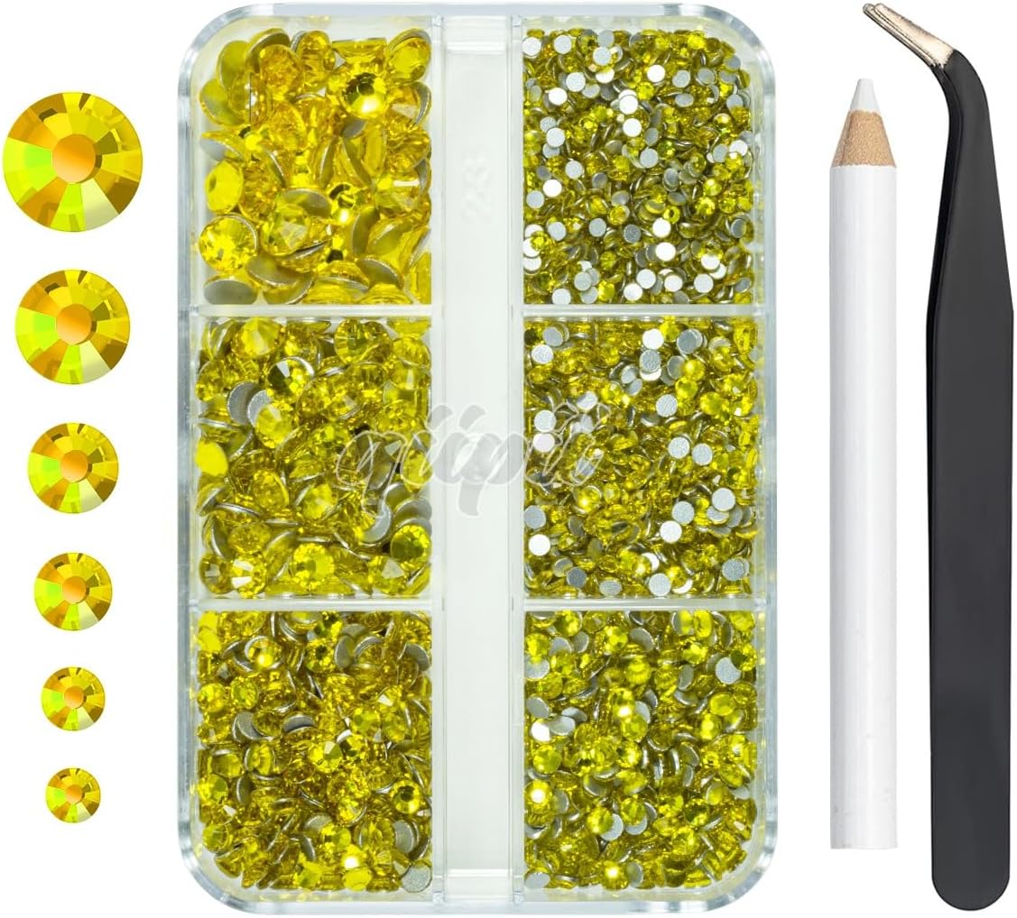 2550pcs Golden Yellow Nail Art Flatback Rhinestones for Face Makeup - Citrine Yellow Nail Gems & Gemstones K9 Glass SS4SS20 6 Sizes Bling Diamonds Stones w Tweezer & Pick Pen for DIY Crafts