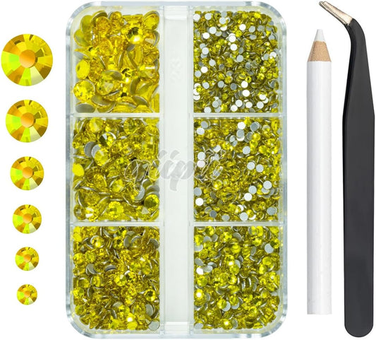 2550pcs Golden Yellow Nail Art Flatback Rhinestones for Face Makeup - Citrine Yellow Nail Gems & Gemstones K9 Glass SS4SS20 6 Sizes Bling Diamonds Stones w Tweezer & Pick Pen for DIY Crafts