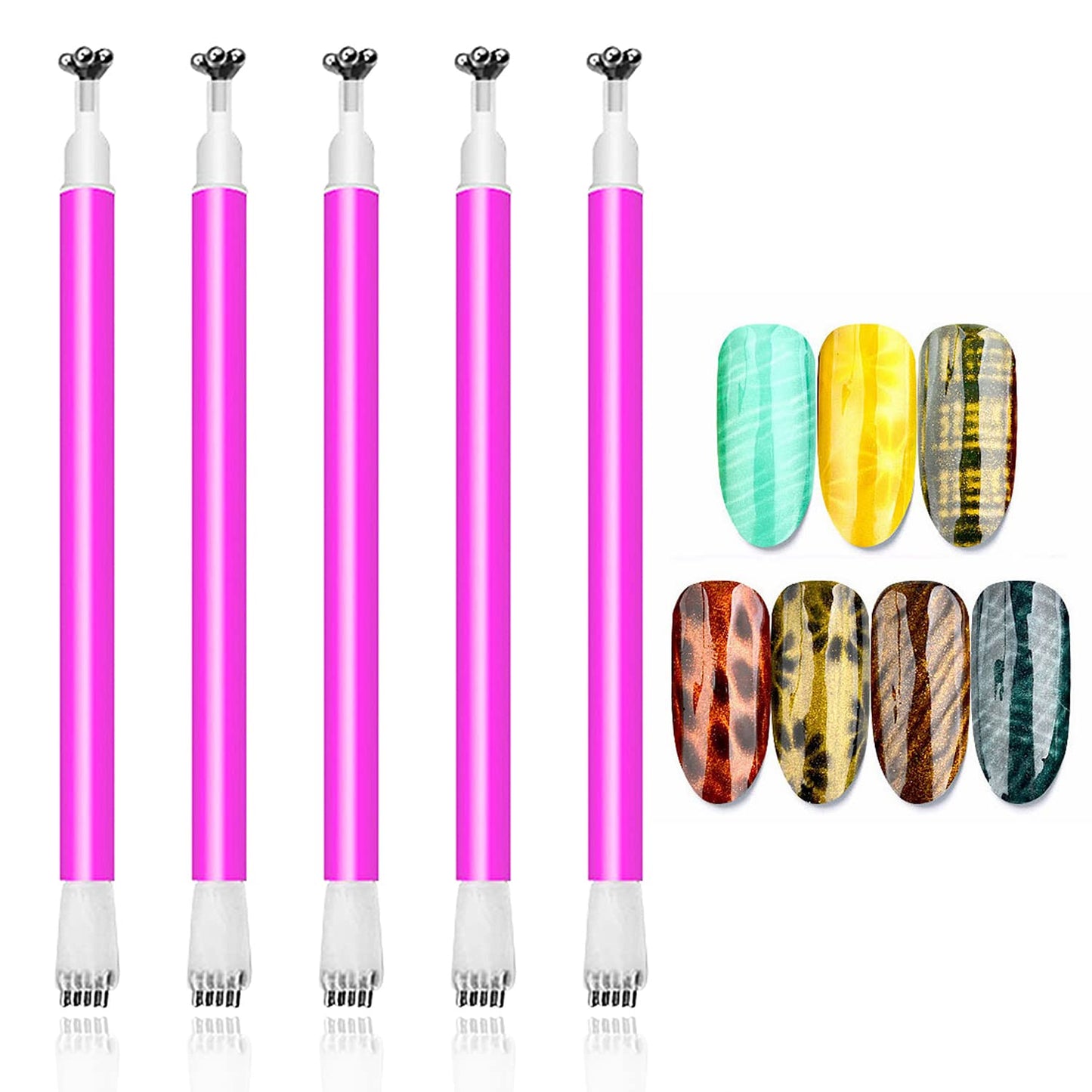 JERCLITY 5 Pieces Nail Magnet Stick Cat Eye Magnet Tool Double-Headed Flower Design Nail Art Magnet Pen Set Magnet Wand Strong Magnet Stick Dotting Pens for Home DIY, Salon, Studio
