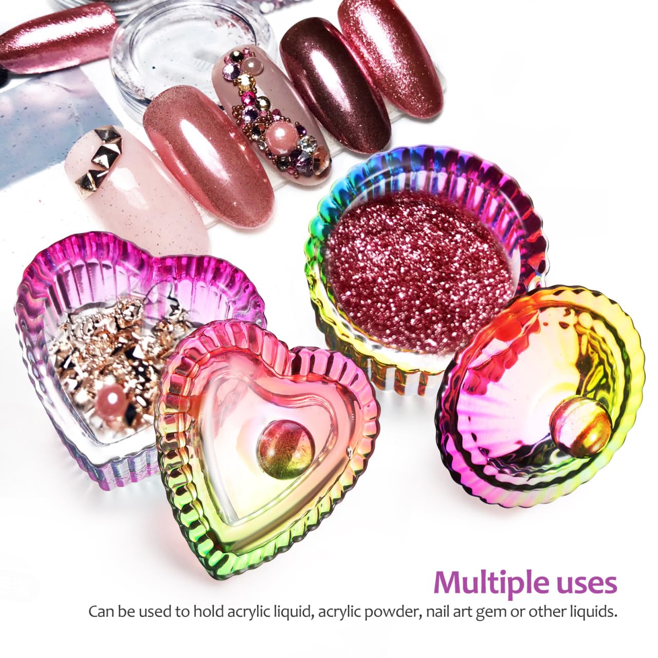 Dappen Dish Vibrant Color Round/Heart Shaped Dishes Set of 2 Glass Dish Bowls with Lids Nail Art Storage for Liquids Nail Tech must Haves