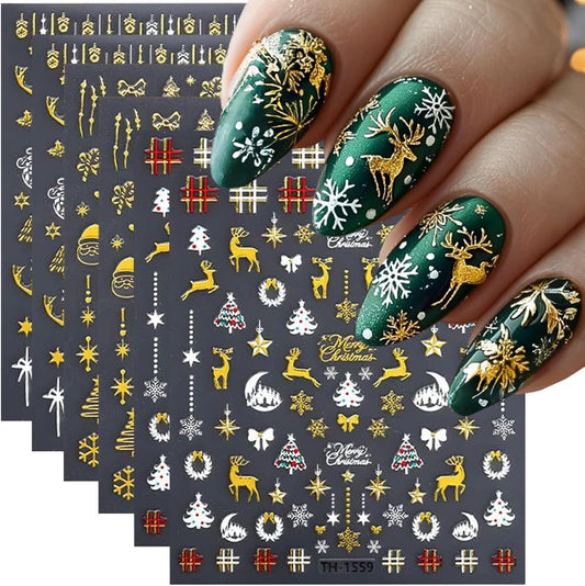 Christmas Nail Art Stickers Decals Xmas Tree Elk Self-Adhesive Xmas Nail Decals Nail Art Supplies 6PCS Crystal Ball Bow Star Antler Christmas Nails Design Manicure Sliders for Holiday Nail Decorations