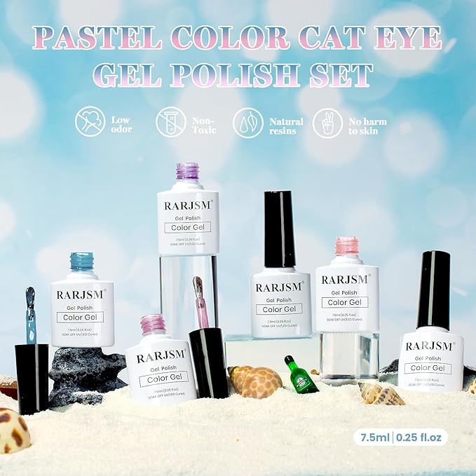 RARJSM Pastel Cat Eye Gel Nail Polish Set 6 Pcs Smoothie Ceramic Silver White Glitter Shimmer Purple Blue Green Nude Rose Pink Velvet Cateye Gel Polish with Magnetic Stick Soak off Curing Require