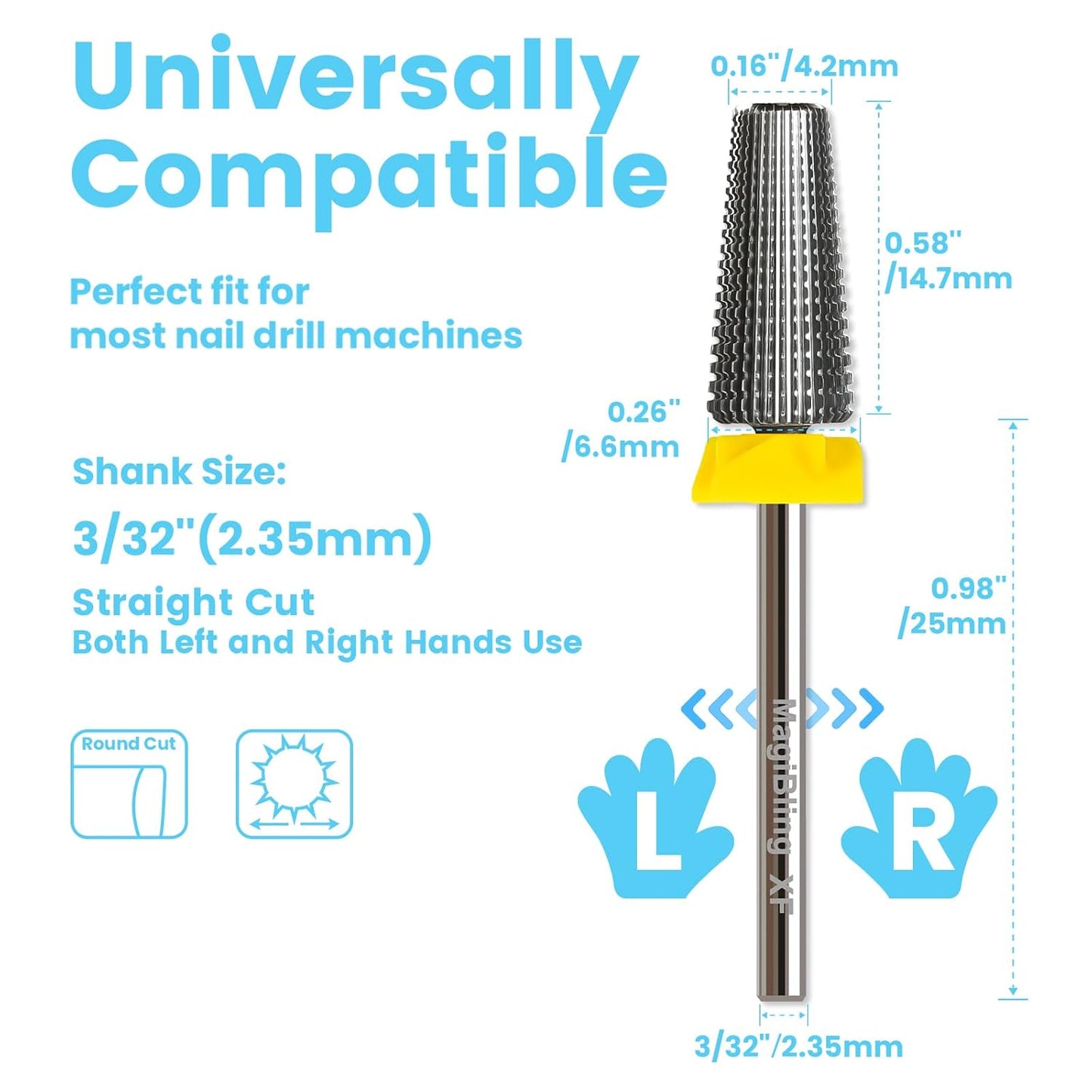 5 in 1 Nail Drill Bits, Straight Cut 3/32'' Professional Tungsten Carbide Bits, Two-way Rotation Easy for Left Hand, Hard Soft Gel Removal Fast Manicure Polishing, Extra Fine