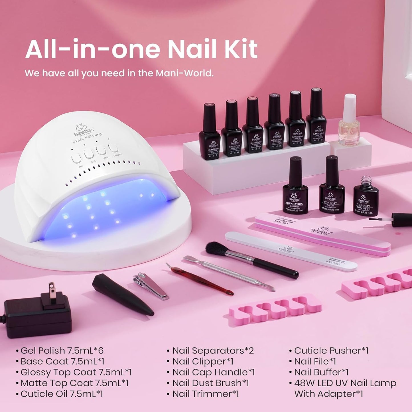 Beetles Gel Nail Polish Kit with Uv Light - 6 Colors Nude Gray Pink Gel Polish Starter Kit Manicure with Base Top Coat Soak off Led Salon DIY at Home Gifts for Women Teens Girls