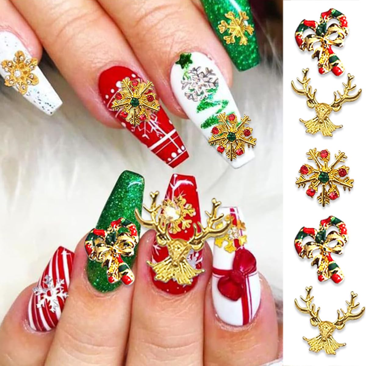 17Pcs Christmas Nail Charms Gold 3D Alloy Reindeer Snowflake Santa Claus Nail Art Charms Shiny Red Green Nail Rhinestones Bling Winter Nail Gems Xmas Gift Nail Supplies for Women Luxury Crystal DIY