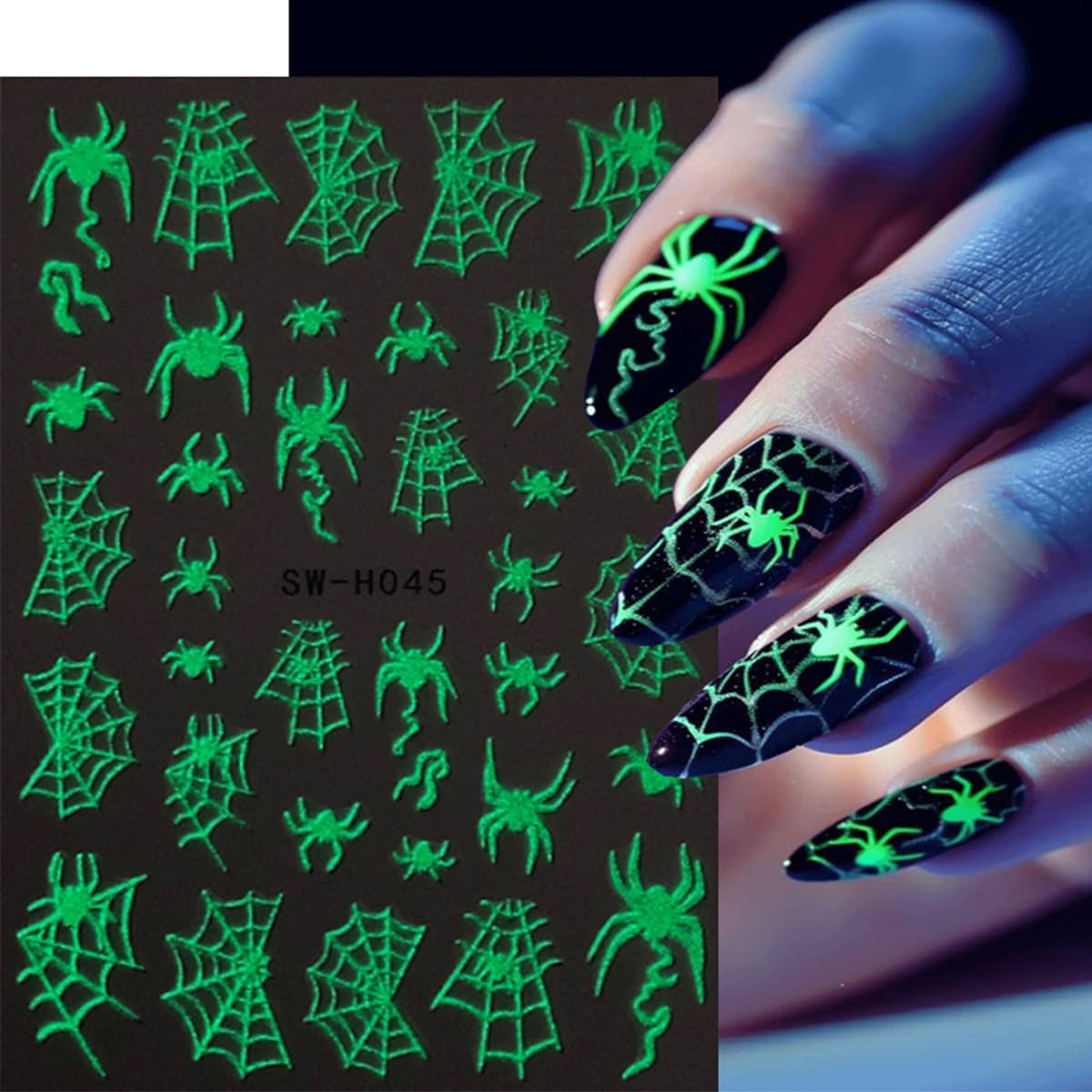 Halloween Nail Art Stickers Decals Horror Skull Spider Web Nail Decals Glow in The Dark Halloween 3D Self-Adhesive Nail Stickers for Nail Art DIY Manicure Tip Holidays Nails Decoration 4 Sheets