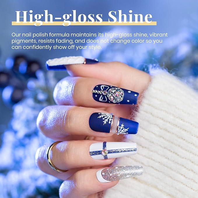 Beetles Gel Polish Winter Christmas Gel Nail Polish Set 5 Colors Dark Blue Glitter White Light Blue Silver Gel Polish Kit with Nail Sticker Soak off UV LED DIY Gifts for Women Sparkling Snow