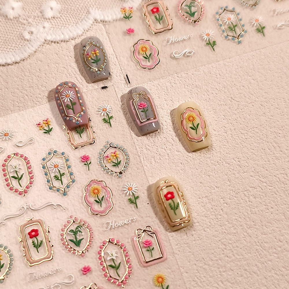 Tulip 5D Embossed Nail Art Stickers, Self-Adhesive Floral Design Decals with Golden Frames, Spring Summer Manicure Decorations for Women, 2 Pieces