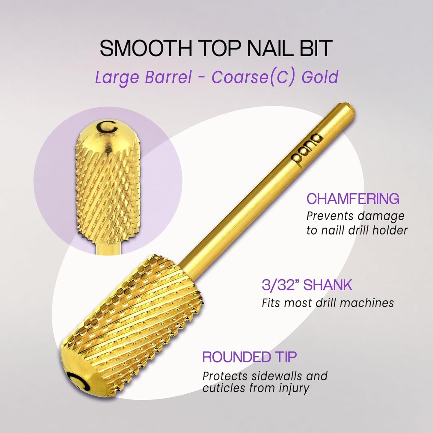 PANA 3/32" Large Smooth Round Top Safety Carbide Nail Drill Bit for Gel Polish & Acrylic Removal Nail Salon Manicure Pedicure Electric File Tools (Large Barrel - Gold, Coarse)