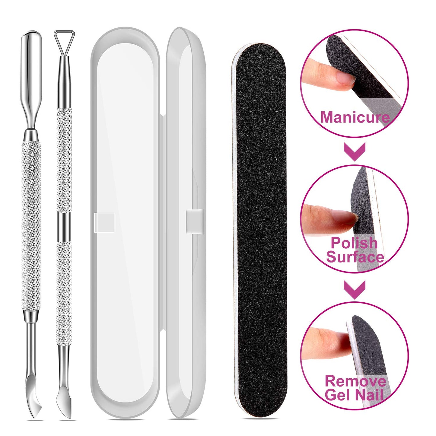 Premium Cuticle Pusher and Gel Polish Remover Set with Nail Files, Professional Grade Stainless Steel Cuticle Remover, Durable Pedicure Manicure Tools Nail Care Kit for Fingernails Toenails Silver