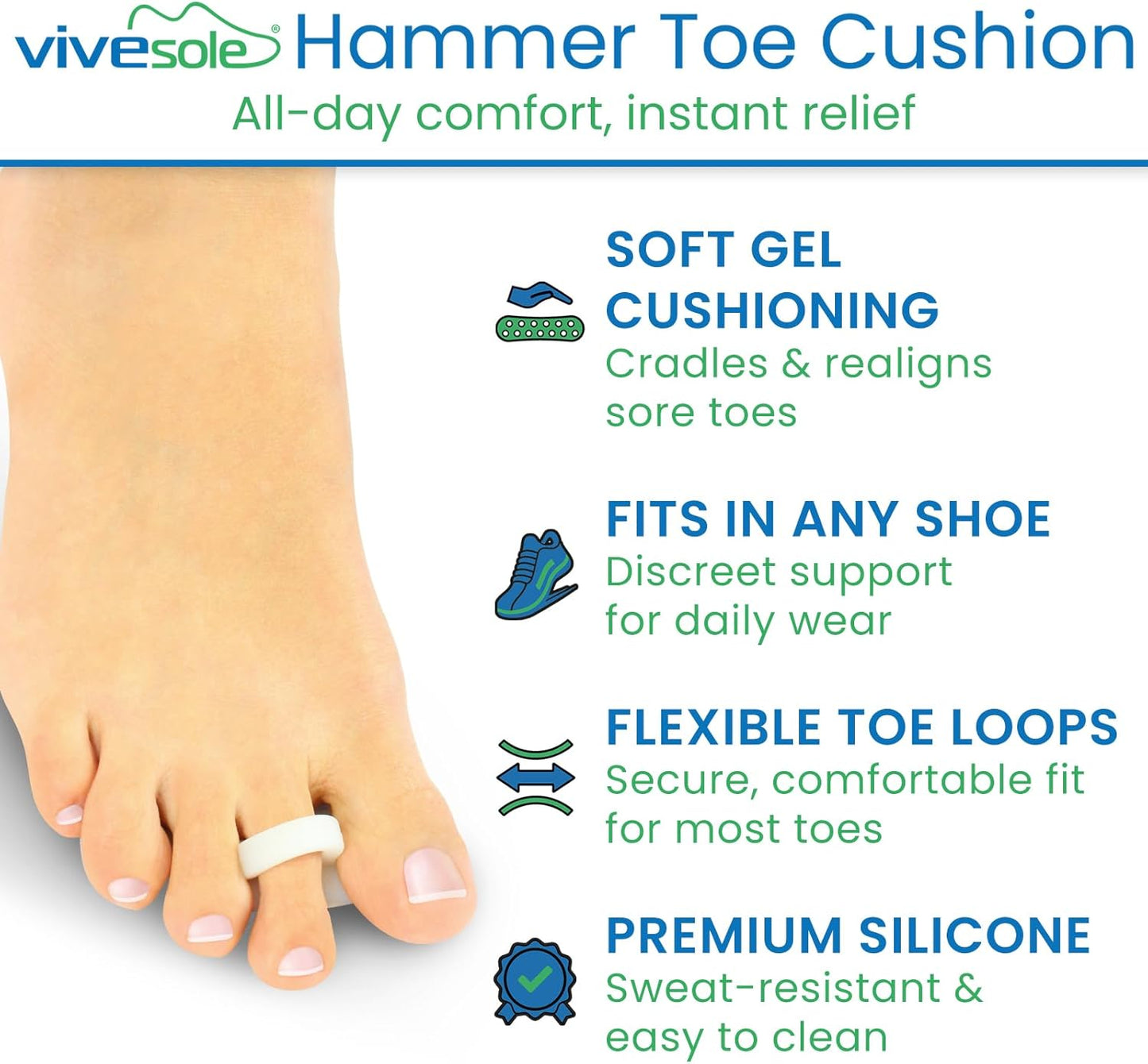 VIVEsole Hammer Toe Crest Cushion & Buttress Pad - Reduces Pressure from Calluses & Hammer Toes (Pair) - For Left & Right Feet - Toe Separator Corrector for Curled, Crooked, Curved, Overlapping Toes