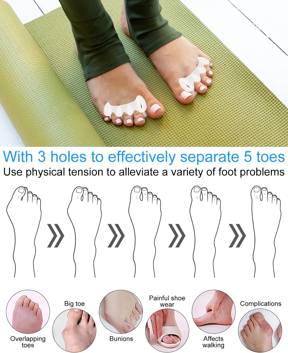 2 Pair Bunion Toe Separators Toe Spacers for Feet Women Men to Correct Their Toes, Foot Alignment, Silicone Toe Spreaders Toe Straightener for Hammertoe, Curled Toes (L, 2 Firm + 2 Soft)