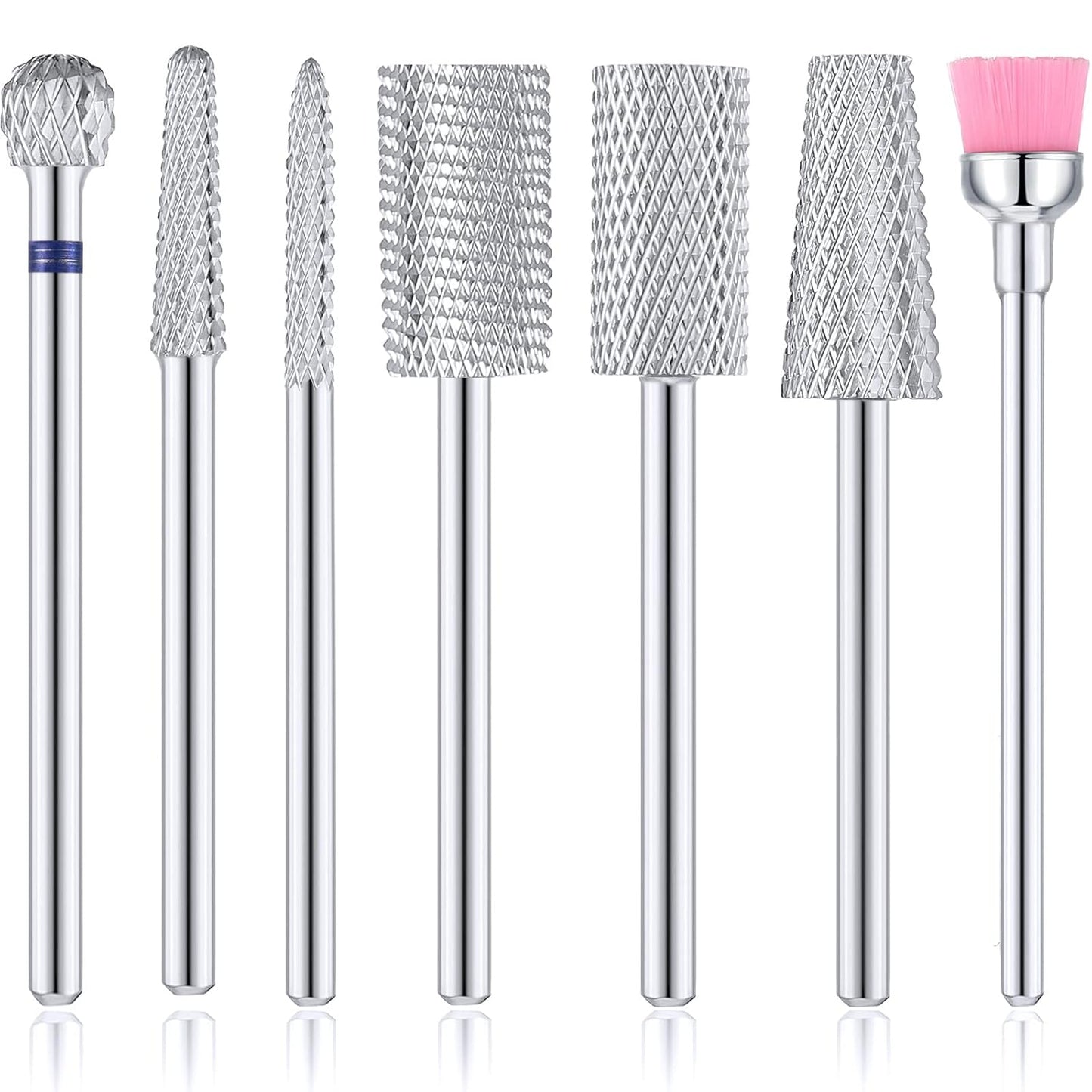 Hestya 7 Pieces Nail Drill Bits Set Tungsten Carbide Drill Bits for Nails Electric File 3/32 Inch Diamond Manicure Pedicure Cuticle Remover Tools for Acrylic Gel fingernail Salon(Silver)