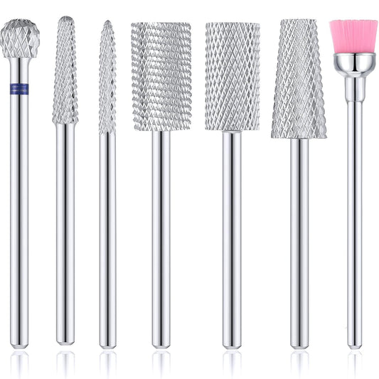 Hestya 7 Pieces Nail Drill Bits Set Tungsten Carbide Drill Bits for Nails Electric File 3/32 Inch Diamond Manicure Pedicure Cuticle Remover Tools for Acrylic Gel fingernail Salon(Silver)