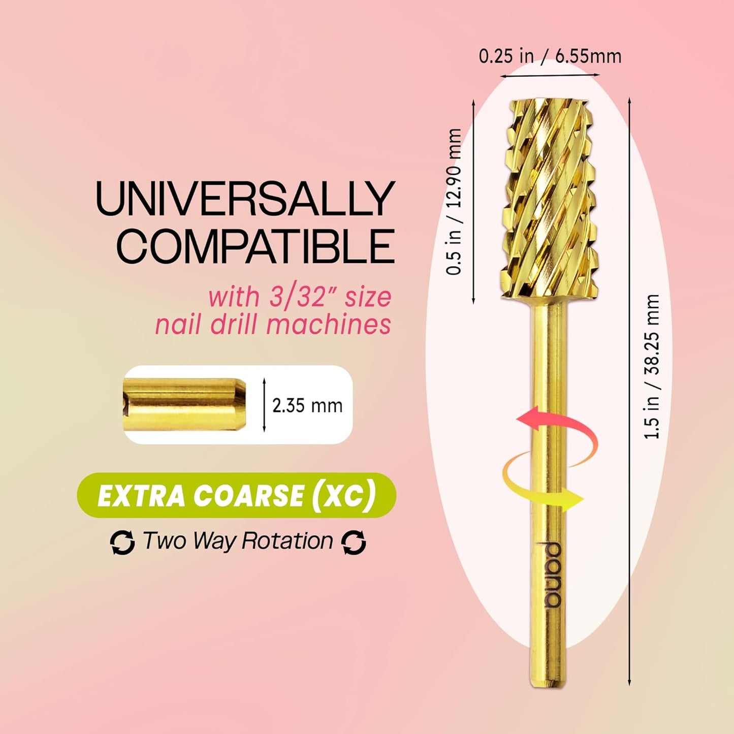 Premium Pana 3/32" Tapered Barrel Carbide Nail Bit -For Electric Dremel Drill Machine, Nail Art Design, Manicure, Pedicure, Nail File, Cuticle Clean etc. (Extra Coarse Grit- Gold)