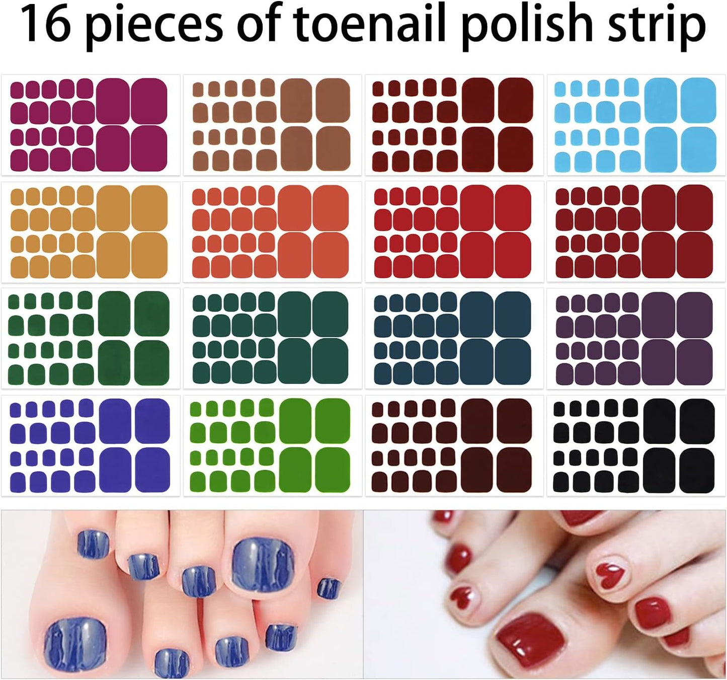 DANNEASY 16 Sheets Toe Nail Stickers Full Nail Wraps for Women Solid Color Toenail Polish Strips Self Adhesive Toes Nail Polish Stickers Gel Strips Nails Manicure Sticker with File, Cuticle Stick