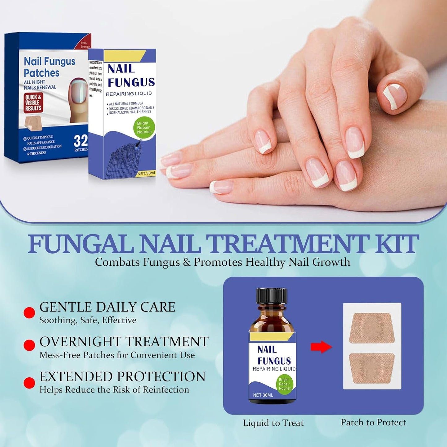 Toenail Fungus Treatment Extra Strength Kit, 30ml Nail Repair Solution and 32 Nail Renewal Patches for Damaged Thick Discolored Toenails and Fingernail