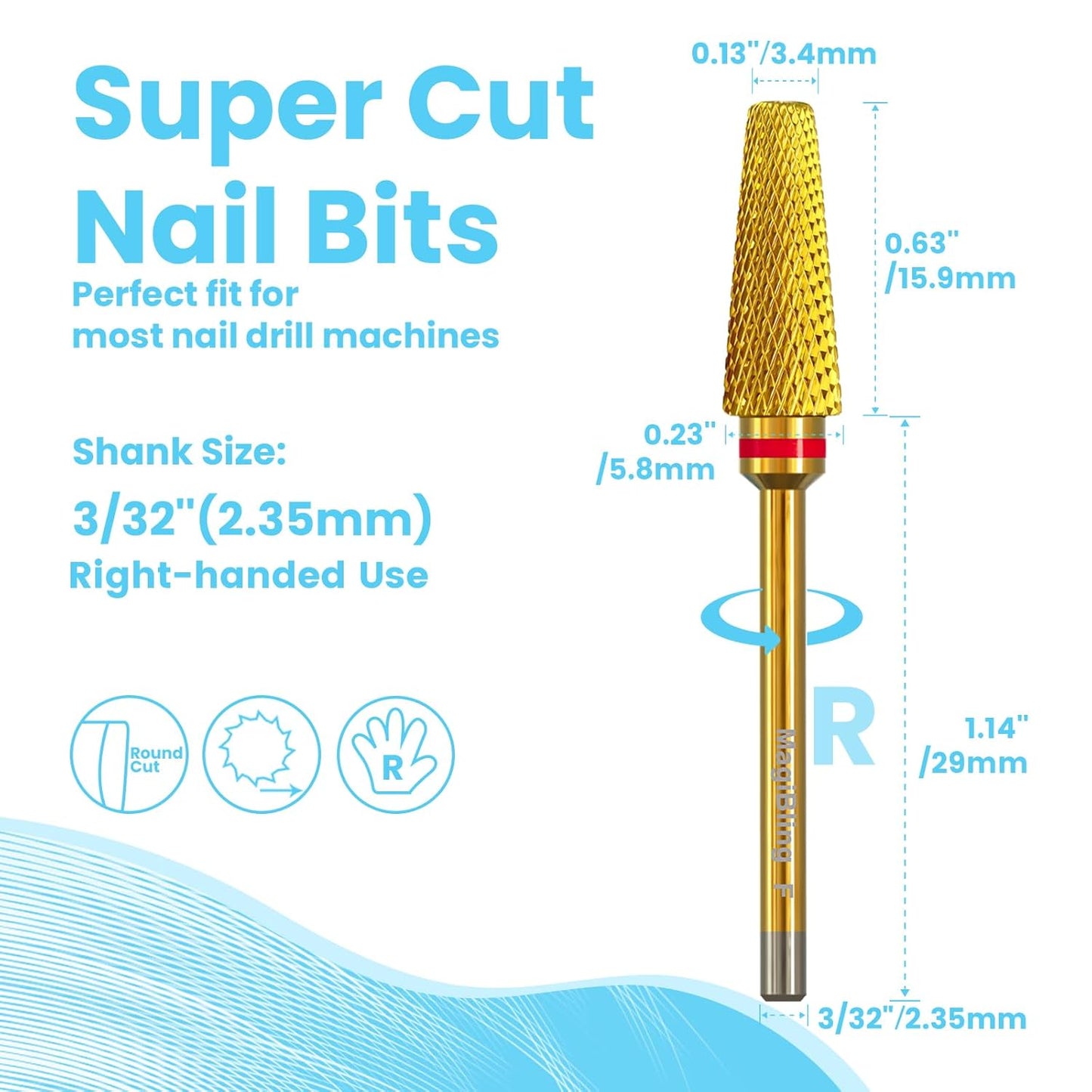 Super Cut 5 In 1 Nail Drill Bits，Tapered 3/32'' Safety Tungsten Bits, Upward Cut for Hard Gel Removal, Right Hand Use, Manicure Cuticle Gel Polishing, Technicians Bits, Gold, Fine.