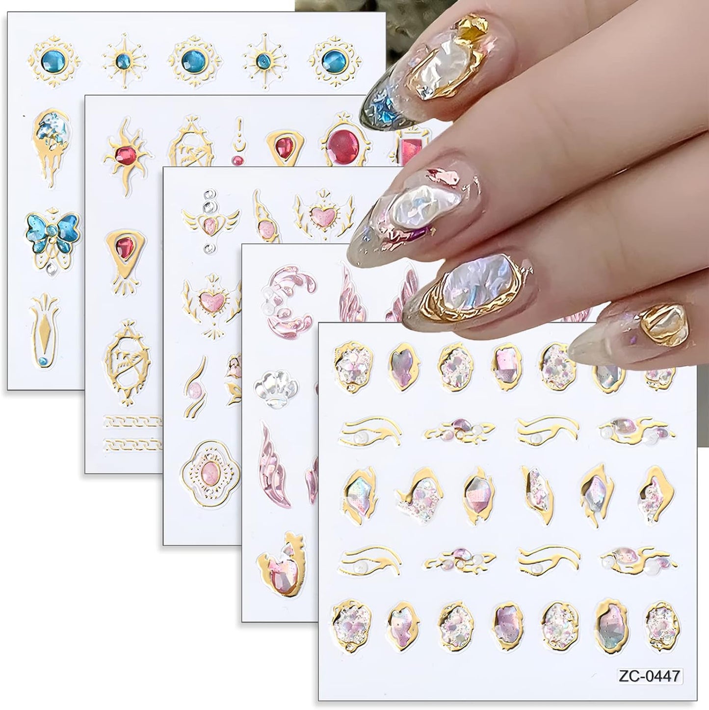 5 Sheets 5D Bronzing Nail Art Stickers Decals,Fishtail Shell Embossed Self-Adhesive Nail Sticker Gemstone Flower Heart Sun Gold Metal Design Nail Art Supplies for Nail DIY Decoration for Women