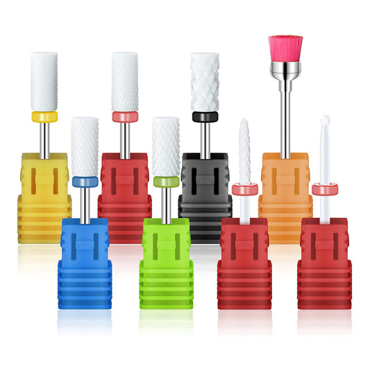 8 Pcs Ceramic Nail Drill Bits Set with Holder for Electric Nail File Manicure Pedicure Acrylic Gel Polishing - 5 Sizes 3/32'' (2.35mm) Large Barrel Top + Flame Top, Cuticle Bits, Cleaning Brush