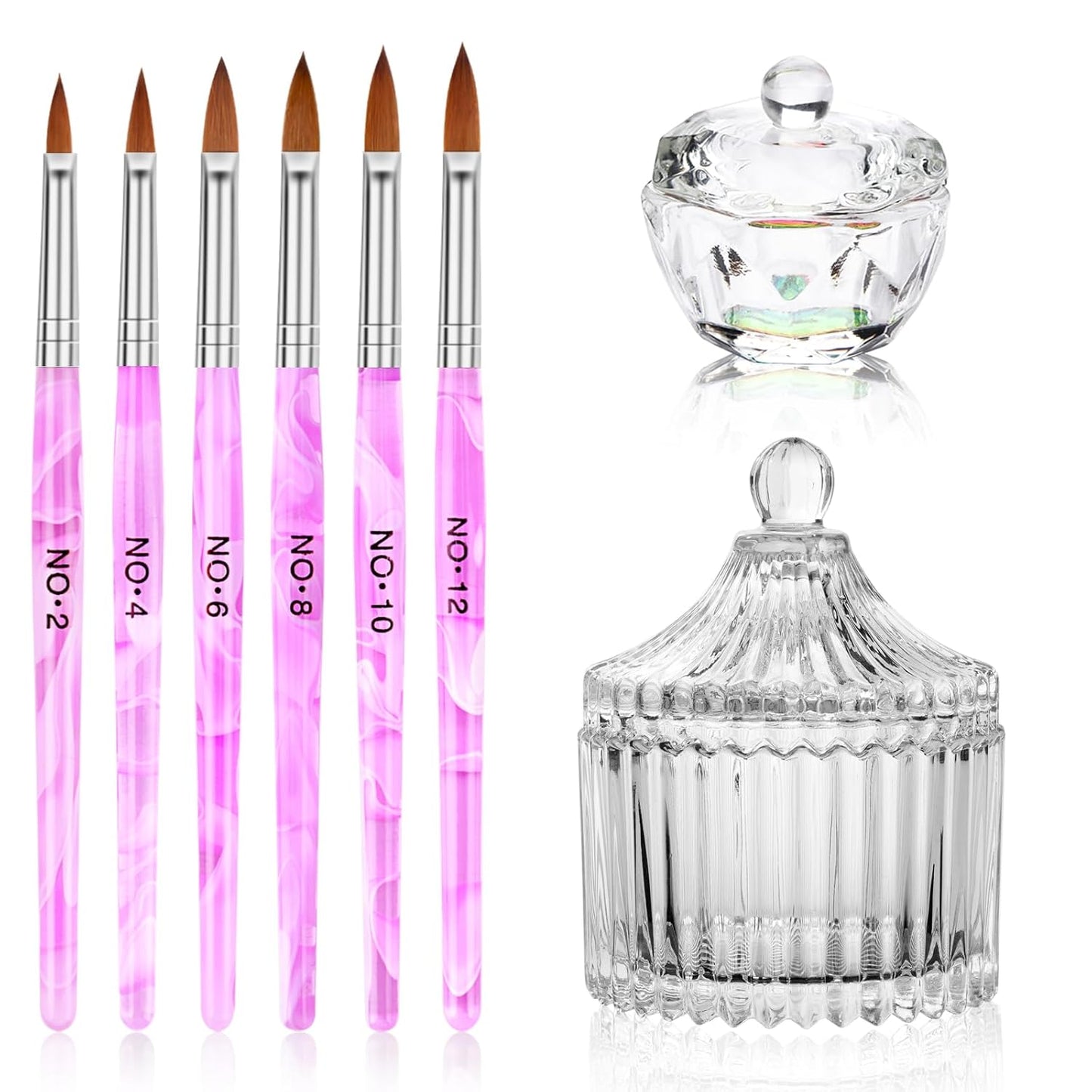 Acrylic Nail Brush Dappen Dish Set, 6PCS Nail Art Pen and 2PCS Crystal Dappen Dish, Manicure Bowl Cup Glass Container for Acrylic Liquid Nail Tool Kit
