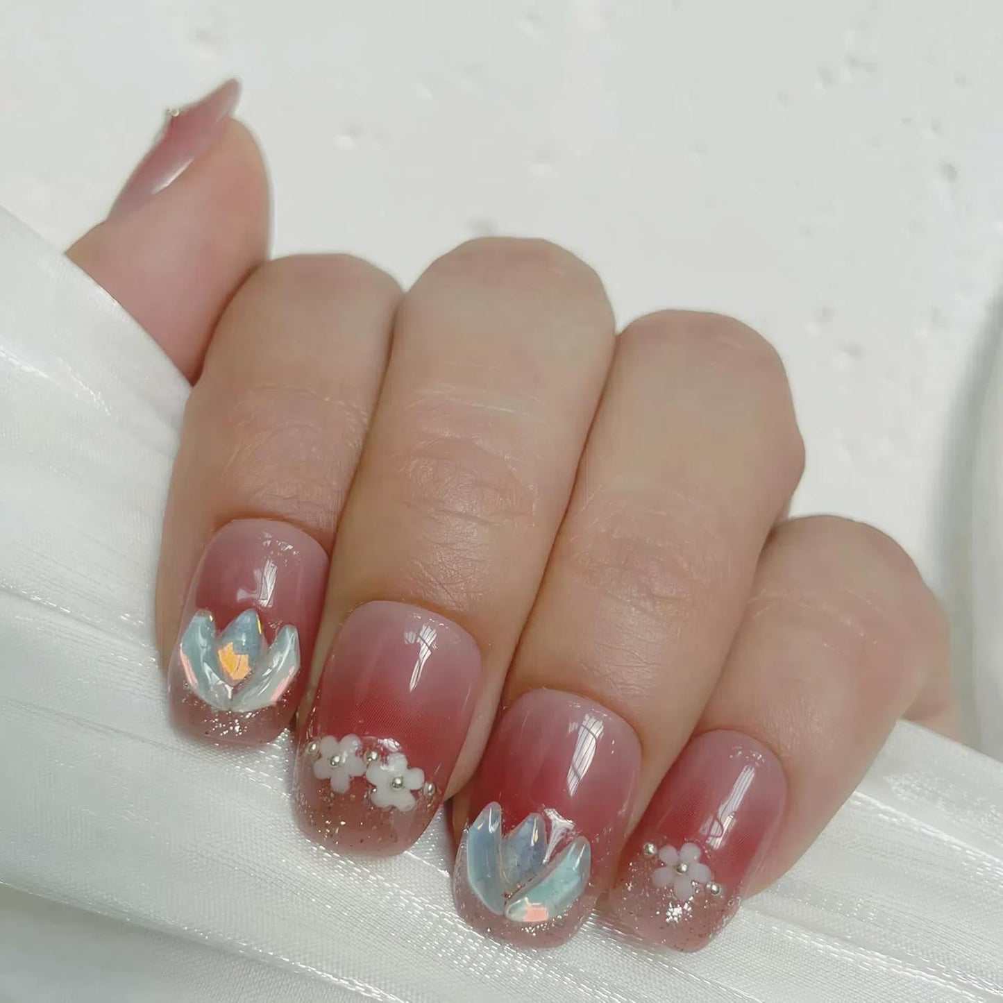Tomato Red Short Squoval Press on Nails 30pcs with 3D Floral Design, Soft Fit Back, Durable Front Edge, Reusable Full Cover Fake Nails for Daily, Party, Wedding