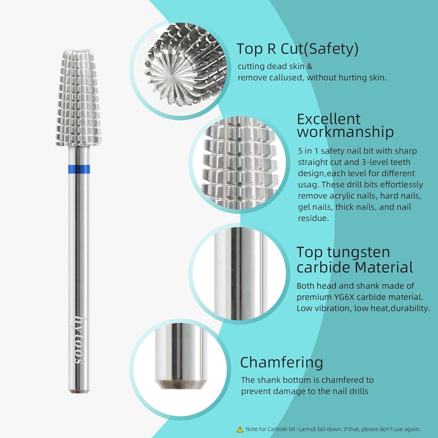 Mini 5 in 1 Nail Drill Bit, 10mm Tapered Drill Bits for Nails, 3/32" Two-way Professional Safety Carbide Nail Bits, Electric Manicure Acrylic Gel Polish Cuticle Clean Removal Tool, Medium