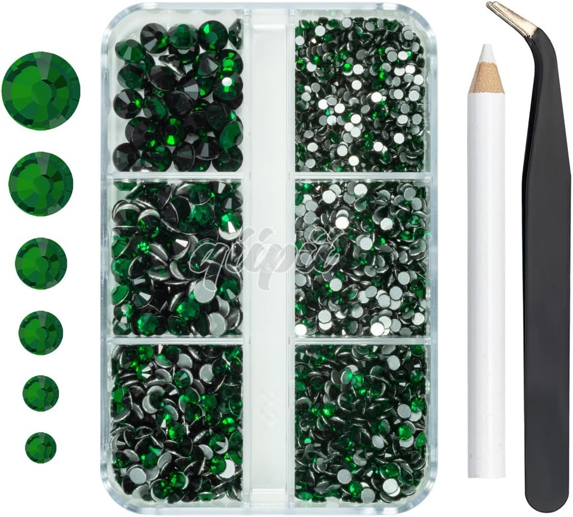 2550pcs Emerald Green Nail Art Flatback Rhinestones for Face Makeup Dark Green Nail Gems Gemstones K9 Glass SS4~SS20 6 Sizes Diamonds Stones Crystals w Tweezer & Picking Pen for Nails DIY Craft